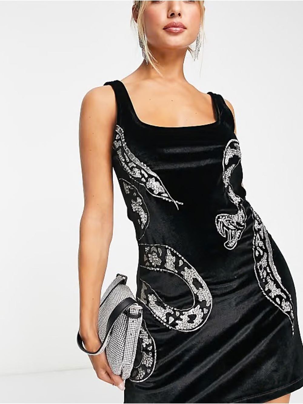 ASOS DESIGN sleeveless velvet mini dress with snake embellishment in black